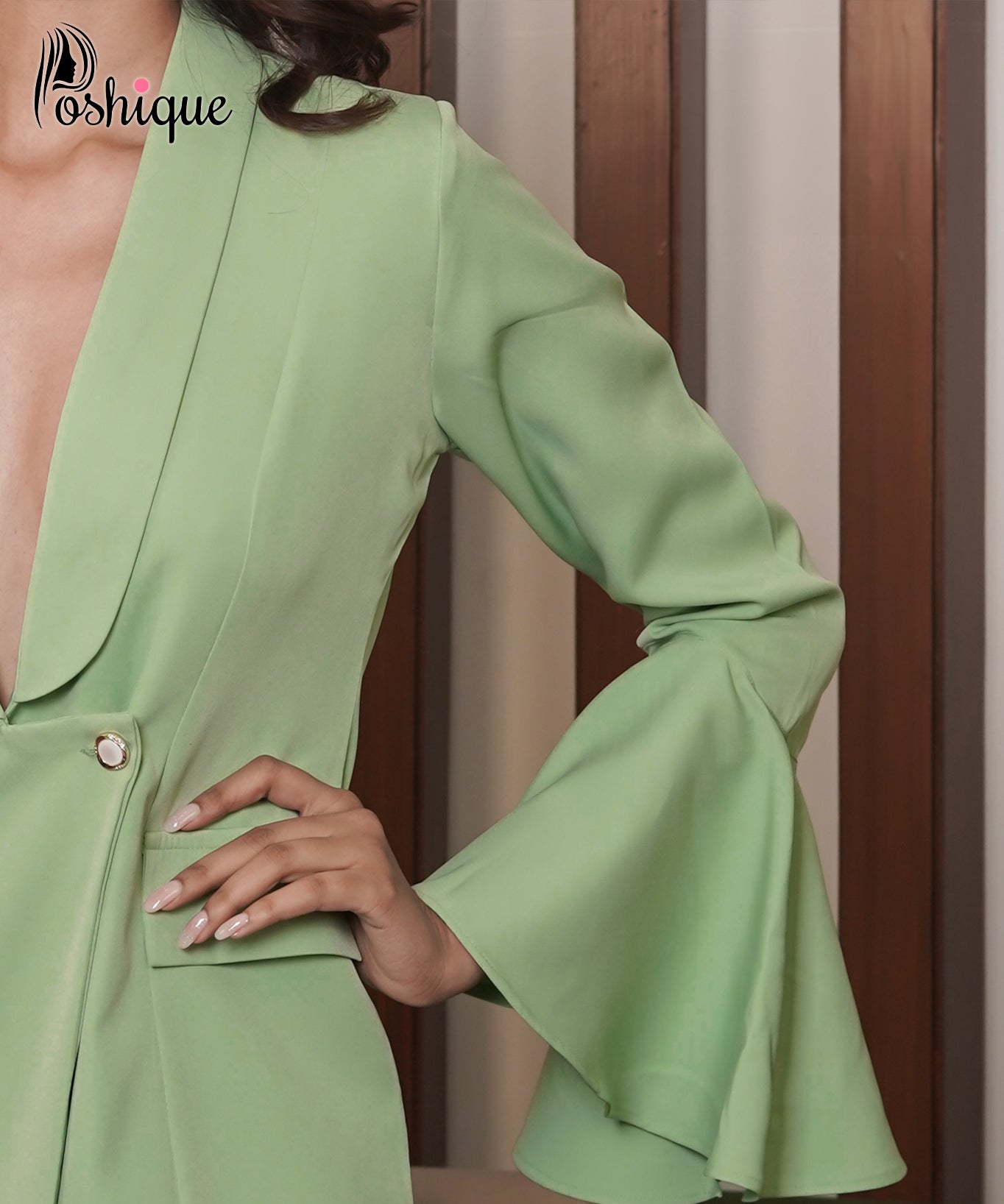 Mint Green Flared Sleeve Blazer & Wide Leg Pants Set
